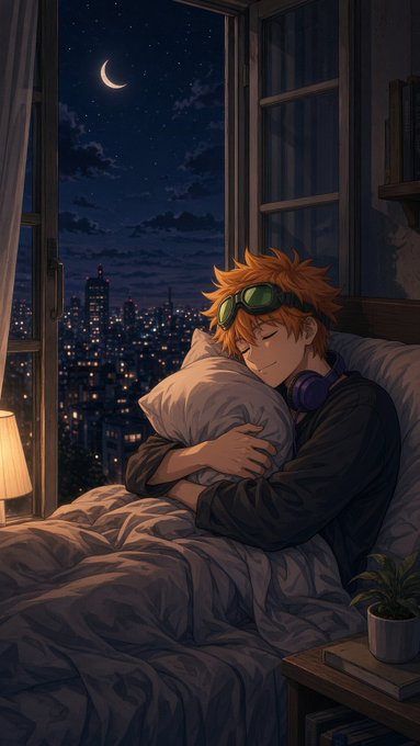 An anime-style illustration of a character with spiky orange hair and goggles sleeping peacefully while hugging a pillow in bed, with a moonlit city skyline visible through the window.