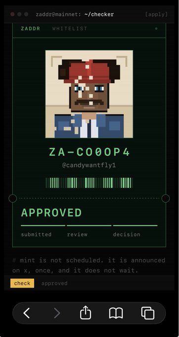 A pixel art NFT whitelist approval screen showing character ID "ZA-C000P4" with username "@candywantfly1" marked as APPROVED, submitted through ZADDR.