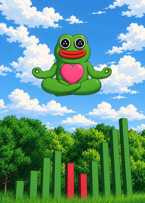 A green cartoon frog with a pink heart on its chest sits in a meditation pose, floating above a landscape of green bars and one red bar against a blue cloudy sky.