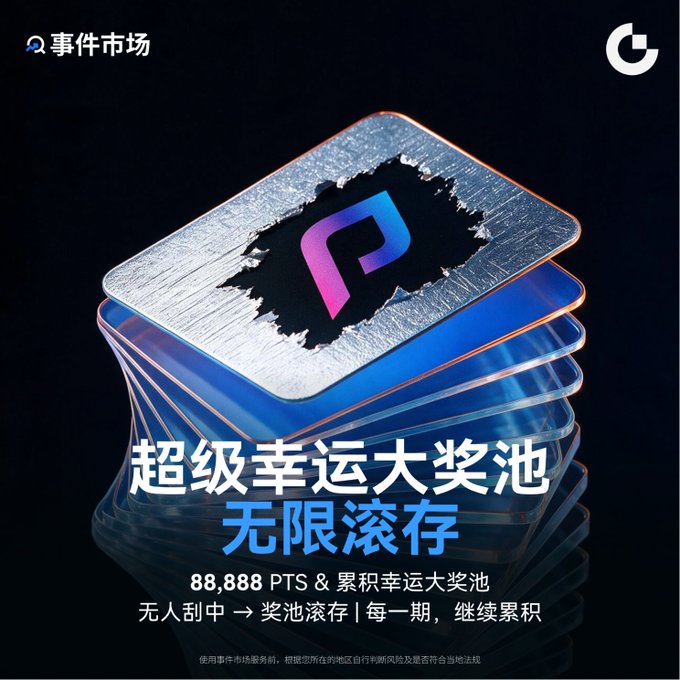 The image is a promotional graphic for Gate's "Super Lucky Prize Pool" (超级幸运大奖池) event, featuring a stylized scratched-off card with the Gate.io "G" logo, announcing an "Unlimited Rollover" (无限滚存) of 88,888 PTS prizes that carry forward to each subsequent round. The graphic visually supports the post's mention of the scratch-off card event, highlighting that unclaimed prizes from the first round have rolled over into the next round.
