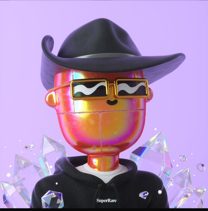 A 3D-rendered robot character wearing a black cowboy hat and sunglasses with a holographic/iridescent face, dressed in a black hoodie branded 'SuperRare' against a purple background with crystal shards.