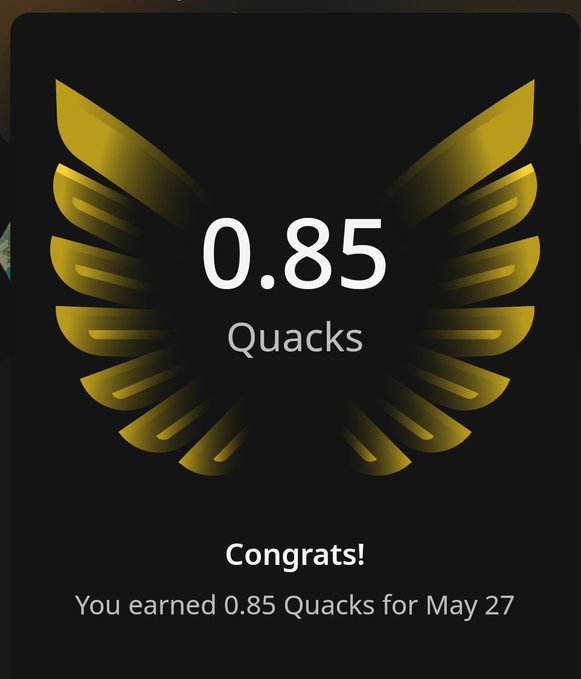 The image shows an email from Wallchain, congratulating users who have earned 0.85 Quacks by May 27th. The email also provides information about how to get selected for a campaign or why someone might be chosen for a particular campaign.