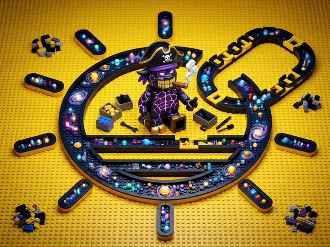 A creative illustration featuring a pirate skeleton character inside a large smiley face logo made of LEGO bricks with a galaxy theme, set against a yellow LEGO baseplate.