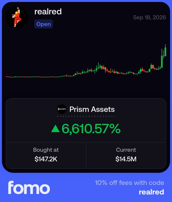 A promotional graphic for the "fomo" trading app showcases a massive return on "Prism Assets" by user "realred," showing a 6,610.57% gain from a $147.2K purchase to a $14.5M valuation as of September 18, 2026. The image's "you only need to be right once" message aligns with the caption's reminder of bouncing back from a zeroed-out portfolio to a life-changing win.