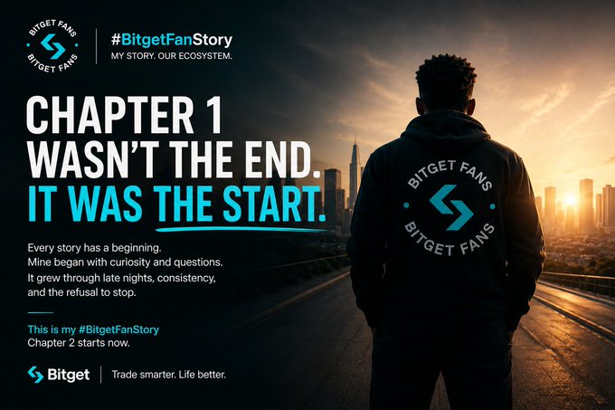A promotional banner for 'Bitget' reading '#BitgetFanStory MY STORY. OUR ECOSYSTEM.' and 'CHAPTER 1 WASN'T THE END. IT WAS THE START.', featuring a person in a 'BITGET FANS' hoodie looking out over a city skyline at sunset, with the tagline 'This is my #BitgetFanStory Chapter 2 starts now.'