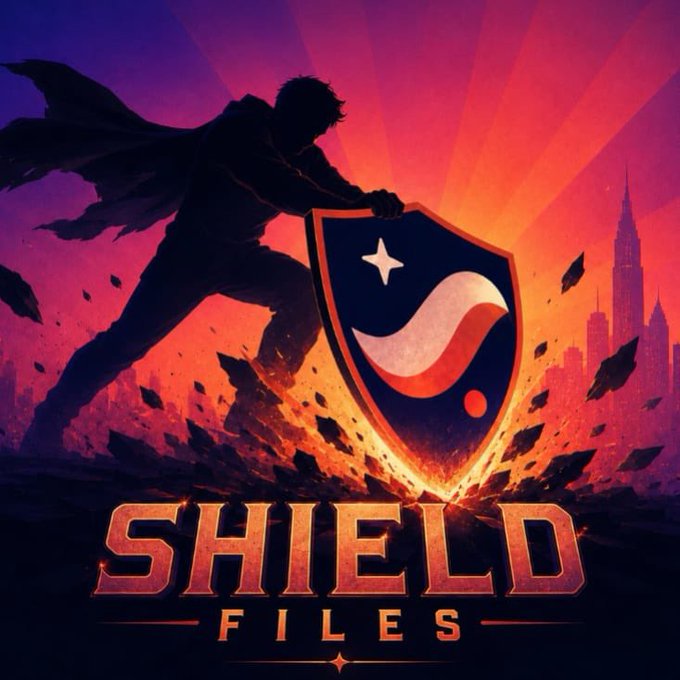 A dramatic movie poster titled 'SHIELD FILES' features a silhouetted figure holding a shield emblazoned with a stylized 'S' logo against a fiery red sunset backdrop.
