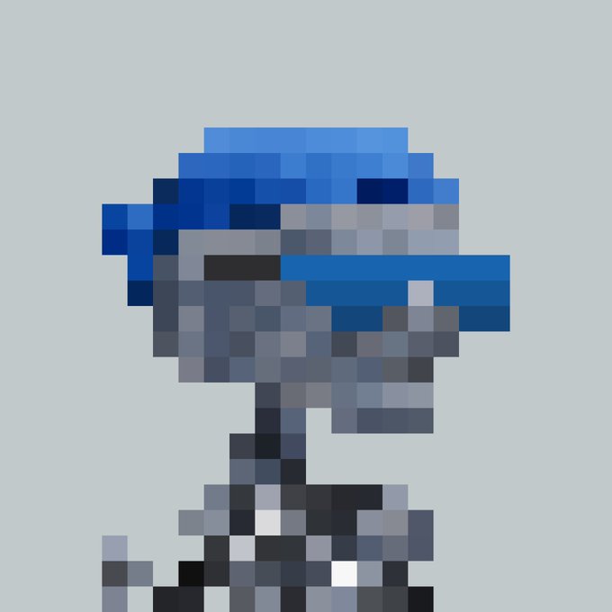 A pixel art illustration of a character wearing a blue cap and sunglasses, rendered in a blocky, low-resolution style against a pale blue backdrop.