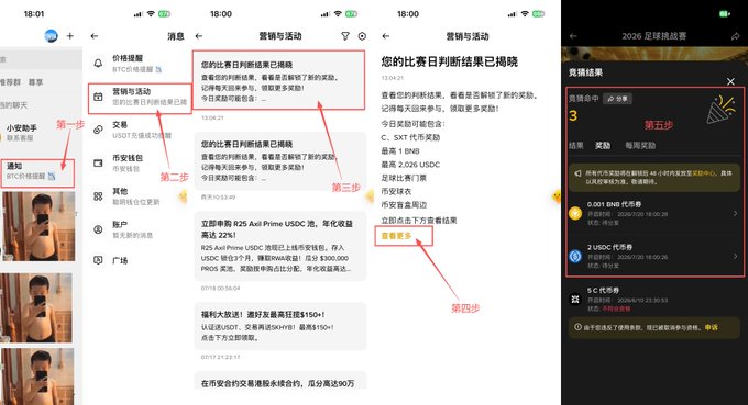 A series of mobile app screenshots in Chinese with red numbered steps (第一步 through 第四步) showing how to claim airdrops and participate in a 2026 World Cup football guessing contest.