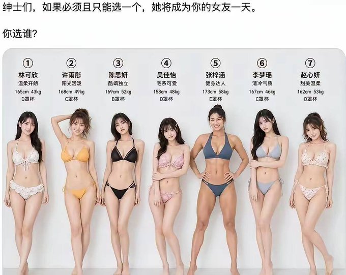 A Chinese image titled "绅士们，如果必须且只能选一个，她将成为你的女友一天。你选谁?" (Gentlemen, if you must and can only choose one, she will be your girlfriend for a day. Who do you choose?) showing seven women in bikinis numbered 1 to 7 with their stats.