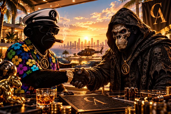 A stylized digital artwork shows two monkey characters—one in a colorful Hawaiian shirt and captain's hat smoking a cigar, the other as a skeletal figure in dark robes—shaking hands over a table with gold coins, both wearing "A" pendants.