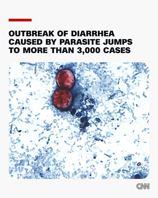 CNN headline reads 'OUTBREAK OF DIARRHEA CAUSED BY PARASITE JUMPS TO MORE THAN 3,000 CASES' above a microscopic image showing red-stained parasitic cysts.