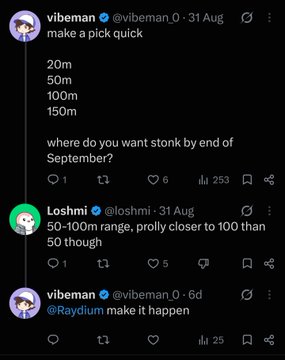 A screenshot of a Twitter conversation where user @vibeman_0 asks 'make a pick quick' with options '20m, 50m, 100m, 150m', to which user @loshmi replies '50-100m range, prolly closer to 100 than 50 though'.