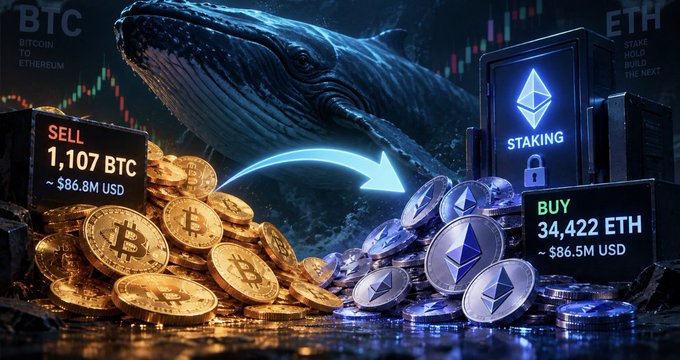 A cryptocurrency graphic showing a whale in the background with arrows indicating a large trade: SELL 1,107 BTC (~$86.8M USD) being swapped for BUY 34,422 ETH (~$86.5M USD), alongside an 'ETH STAKING' display.