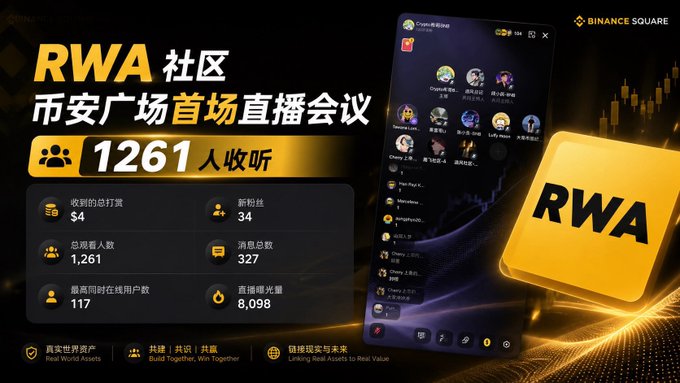 The image shows a screenshot of an RWA Community Square app with a gold background and black text that reads "RWA Community Binance Square First Live Broadcast Successfully Concluded! First Battle Victorious, Impressive Results!" The app features various game elements such as a scoreboard and chat bubbles, displaying some users' names like "Binance Square" and "RWA". There are also multiple icons representing items such as a "Wizard Hat", "Bullet", and the word "Battle".