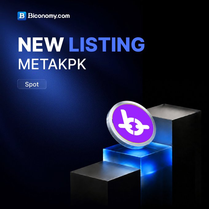 A Biconomy.com advertisement announces a 'NEW LISTING' for 'METAPK' on Spot, displaying a purple coin with a knot-like symbol resting on illuminated blue blocks.