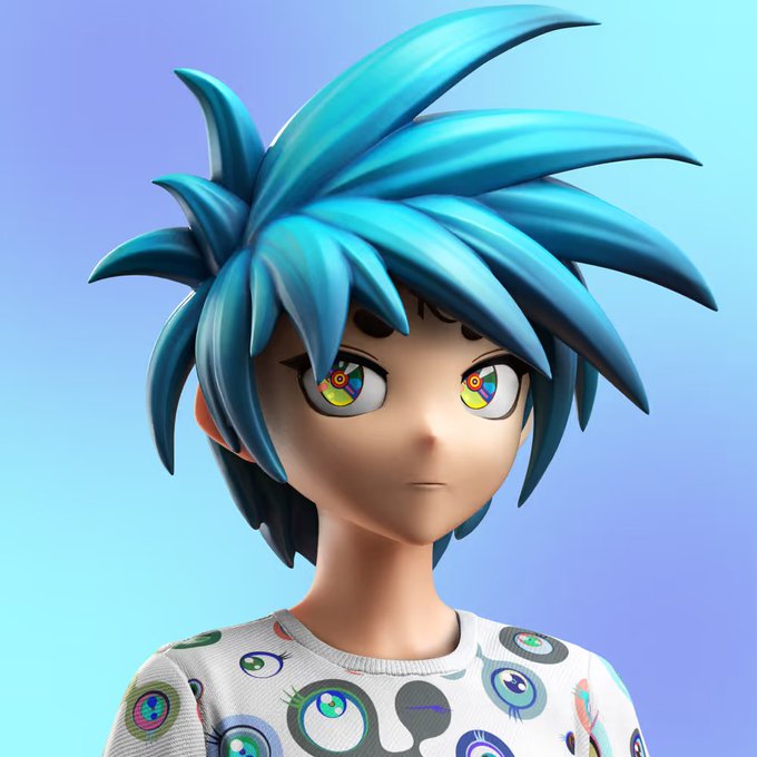 A 3D rendered anime-style character with spiky blue hair and colorful rainbow-patterned eyes, wearing a white shirt covered in eye motifs.