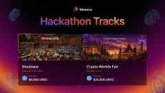 A 'Hackathon Tracks' webpage header from Welcome displays sections for 'Open Tracks' and 'Crypto Worlds Fair', with a price listed as $25,000 USDC and 100,000 $WELCOME, set against a colorful sunset cityscape background.