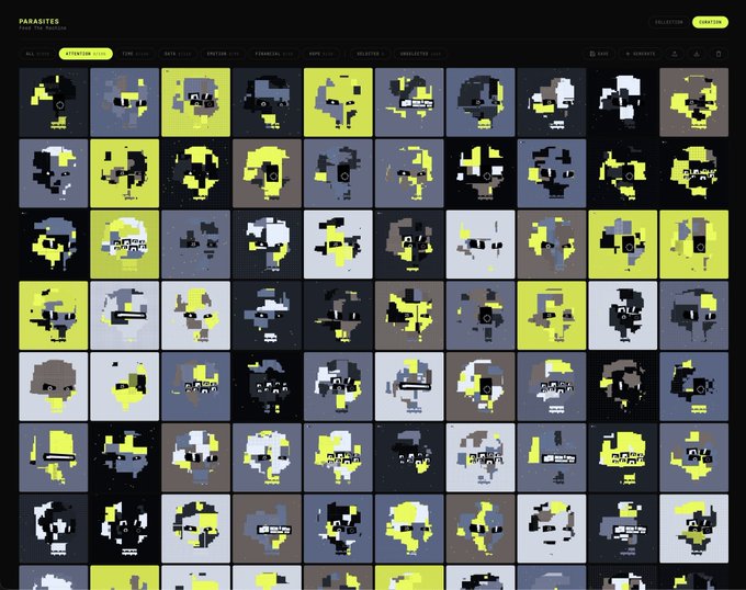 A grid display of pixelated, glitch-art style avatar portraits labeled "PARASITES" by artist @thehejz, with the "ATTENTION" filter selected and navigation tabs including ATTENTION, TOP 24H, BETA STAT, EMOTION GEN, FINANCIAL GEN, NOISE GEN, SELECTED, and COLLECTED, showcasing the 555 fully on-chain animated NFT collection referenced in the post.