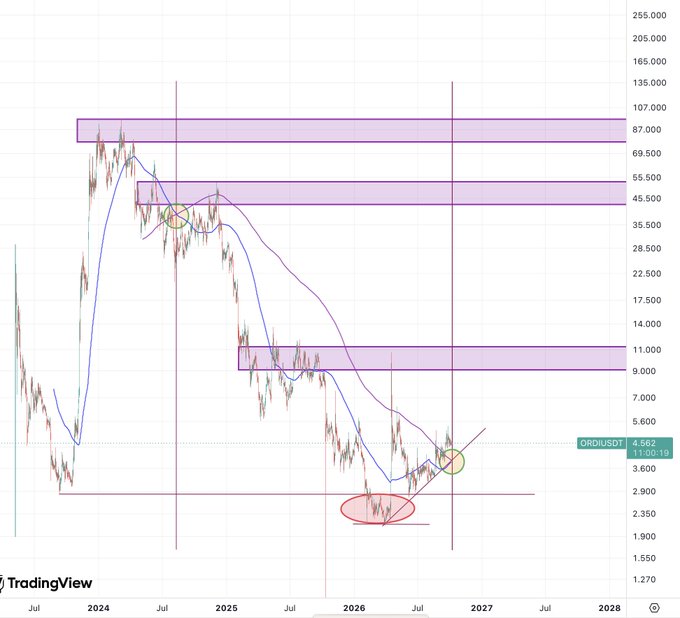 Image 8: A TradingView candlestick chart showing a bearish trend with highlighted purple supply zones, currently trading around 4.562 USDT as of 11-06-19, with a timeframe from 2024 to 2028.