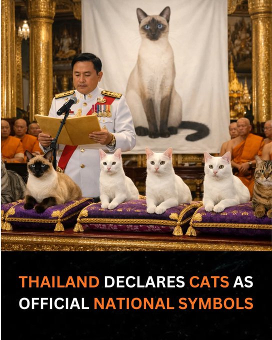 An AI-generated image of a Thai official in uniform reading a document in front of a cat banner, with five cats seated on ornate cushions and text reading 'THAILAND DECLARES CATS AS OFFICIAL NATIONAL SYMBOLS.'
