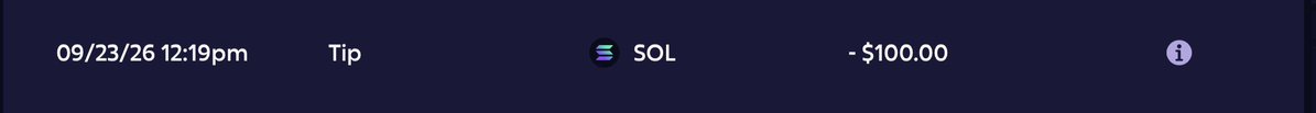 A dark-themed transaction notification dated 09/23/26 12:19pm showing a 'Tip' of -$100.00 sent in SOL (Solana).