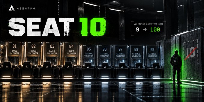 A futuristic gaming or arena interface labeled 'ASENTUM SEAT 10' displays 'VALIDATOR COMMITTEE SIZE 9 → 100' with numbered booth positions (01-10) and a silhouetted figure standing before a green-lit booth.