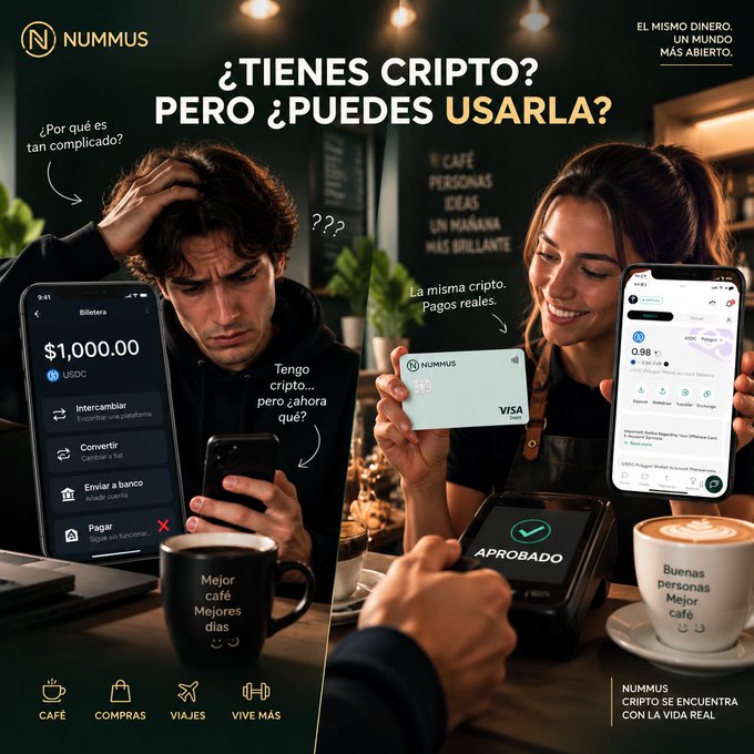 Advertisement for 'NUMMUS' crypto card in Spanish asking '¿TIENES CRIPTO? PERO ¿PUEDES USARLA?' ('You have crypto? But can you use it?'), showing a confused man and a happy woman using a Visa card for coffee purchases.
