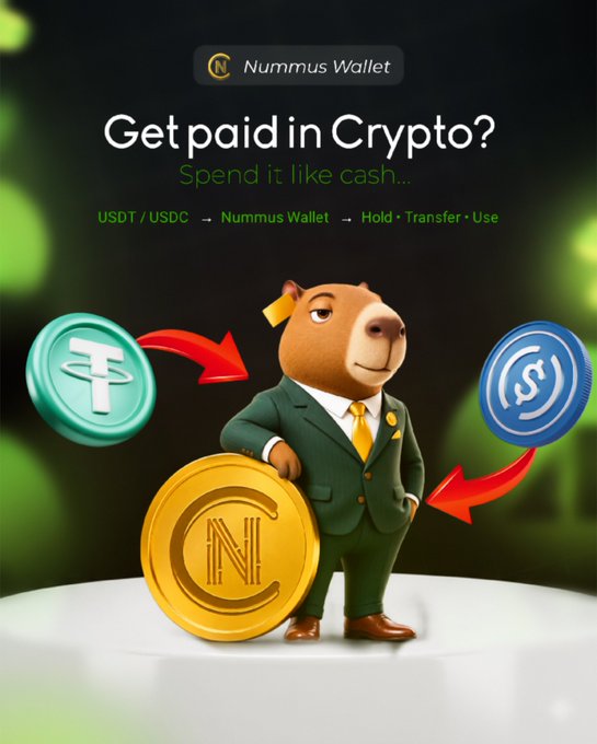 Advertisement for 'Nummus Wallet' with text 'Get paid in Crypto? Spend it like cash...' showing a cartoon bear in a green suit with USDT, USDC, and Nummus (N) coins.