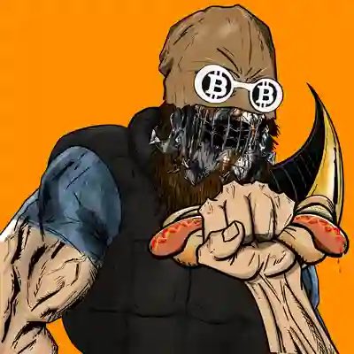 A muscular, monstrous figure wearing a dark beanie and Bitcoin-themed sunglasses devours a hotdog against an orange background.
