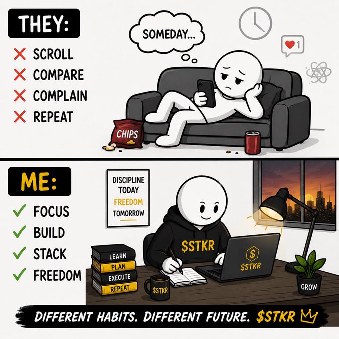 A motivational graphic contrasts 'THEY' (Scroll, Compare, Complain, Repeat) with 'ME' (Focus, Build, Stack, Freedom), featuring the $STKR brand and the tagline 'DIFFERENT HABITS. DIFFERENT FUTURE.'
