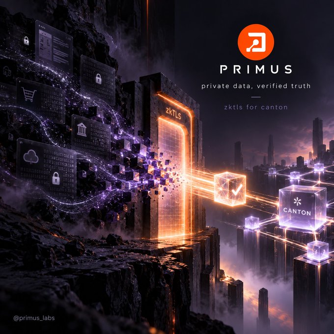 A promotional graphic for "PRIMUS" with the tagline "private data, verified truth" and "zktls for canton" shows a digital landscape with data streams, a "CANTON" cube, and "zKTLS" archway.