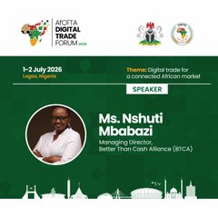 A green promotional flyer for the 'Africa Digital Trade Forum 2026' (1-2 July 2026, Lagos, Nigeria) featuring speaker Ms. Nshuti Mbabazi, Managing Director of the Better Than Cash Alliance (BTCA).