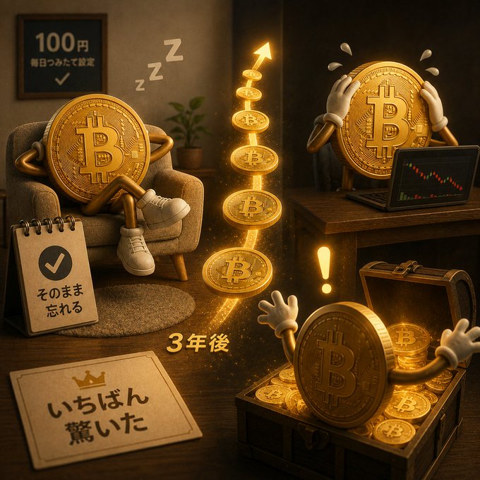 An animated Bitcoin lounges in a chair forgetting about a "100円 毎日つみたて設定" (100 yen daily accumulation setup) while dreaming "zzz," while another shocked Bitcoin emerges from a treasure chest three years later ("3年後") labeled "いちばん驚いた" (most surprised), visualizing the post's message that hands-off daily crypto investing surprises investors more than those who anxiously check charts ("そのまま忘れる" / "forget as is").