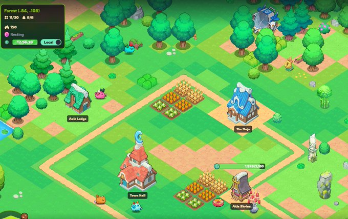 A colorful isometric farming and resource management game scene showing buildings labeled 'Main Lodge', 'The Duke', 'Town Hall', and 'Alric Shrine', with farm plots, trees, and a UI panel indicating 'Forest (-84, -108)' and 'Resting 12:56:29'.
