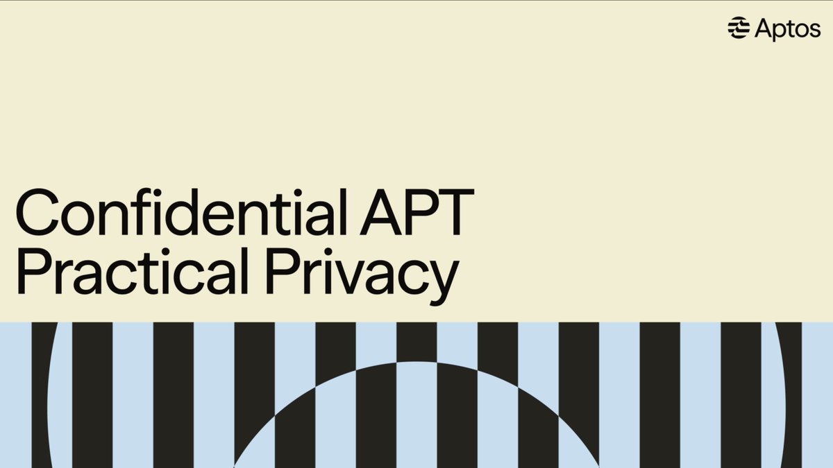 The image is a presentation slide from Aptos featuring the title "Confidential APT" and "Practical Privacy" on a cream background, with the Aptos logo in the top right corner and a decorative black and light blue striped pattern at the bottom. The slide visually introduces Aptos's new privacy feature that conceals transaction amounts while maintaining transparency of sender and receiver addresses, as discussed in the accompanying post.