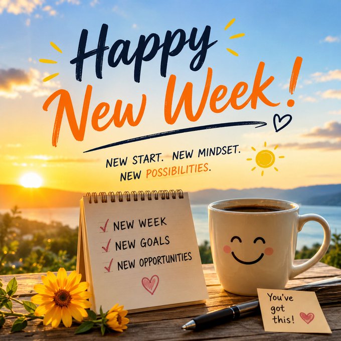 A 'Happy New Week!' graphic featuring a checklist of 'NEW WEEK', 'NEW GOALS', and 'NEW OPPORTUNITIES', alongside a smiley face coffee mug and a note saying 'You've got this!'.