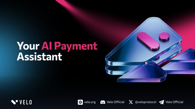 Promotional banner for 'VELO' featuring 'Your AI Payment Assistant' text alongside social media handles.
