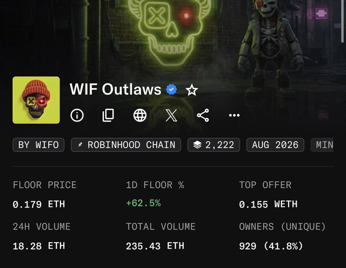A webpage displays the 'WIF Outlaws' NFT collection on the Robinhood Chain, showing a floor price of 0.179 ETH and a 62.5% increase.