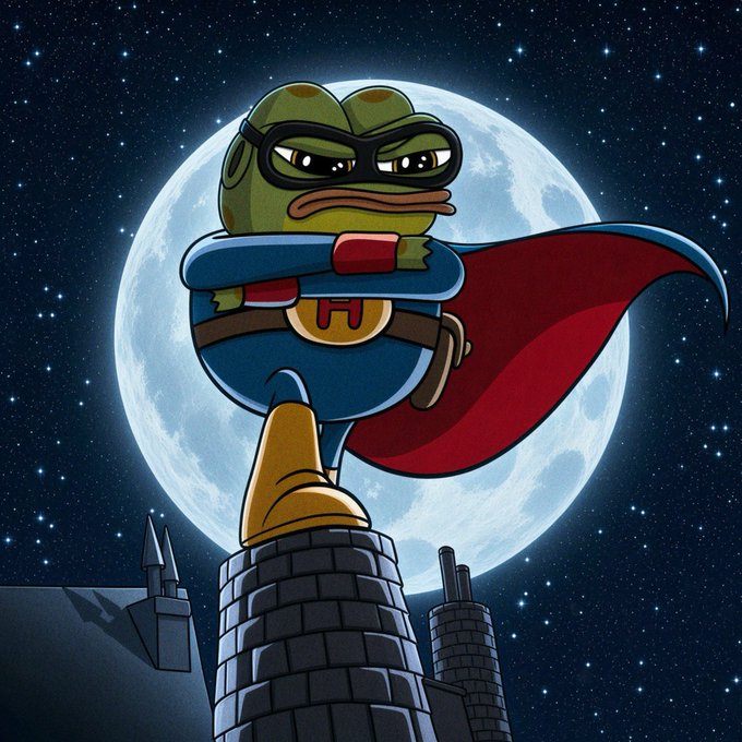 A cartoon frog dressed as a superhero with a red cape and mask stands confidently atop a brick chimney silhouetted against a large full moon.