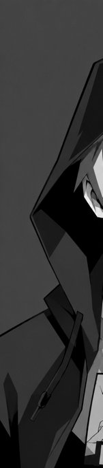 A dark, hooded anime-style character with a grinning mask, shown in a close-up profile view.