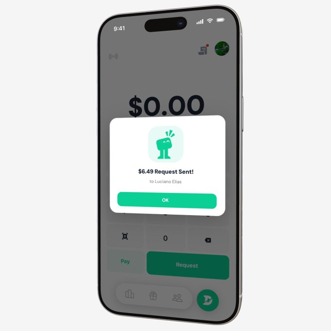 An iPhone displaying a Cash App success notification that reads '$6.49 Request Sent! to Luciano Elias' with an OK button.