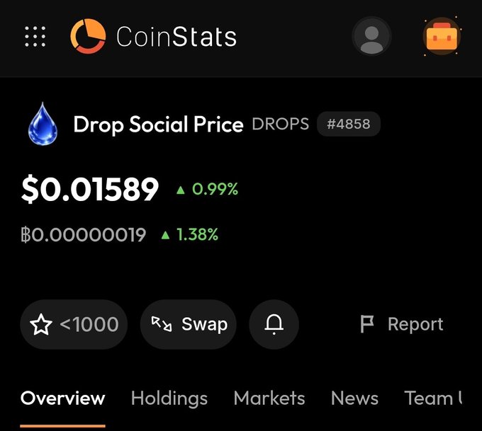 A screenshot from CoinStats showing the 'Drop Social Price (DROPS #4858)' at $0.01589, up 0.99%, with options to Swap, Report, and view Overview, Holdings, Markets, News, and Team tabs.