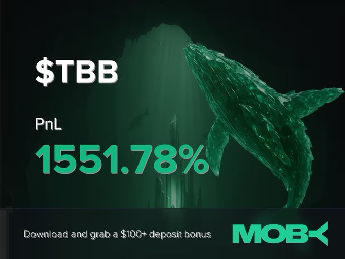 A promotional graphic from Moby Mobile displays a large green 3D whale alongside the ticker "$TBB" and a striking PnL of "+1551.78%," celebrating a trader's profitable position close. The "MOBX" branding and "Download and grab a $100+ deposit bonus" call-to-action are featured at the bottom, visually reinforcing the win alert from the Moby trading platform.