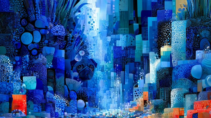 An abstract digital artwork dominated by deep blue tones, featuring a mosaic of geometric patterns, bubbles, and a hidden pug's face in the center.
