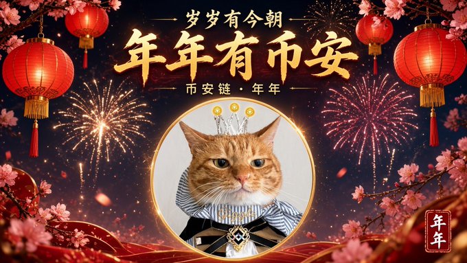 A festive Chinese New Year-themed graphic featuring a cat wearing a crown and striped scarf in the center, surrounded by red lanterns, cherry blossoms, and fireworks, with gold Chinese text reading '岁岁有今朝 年年有币安' and '币安链 · 年年' alongside the Binance logo.