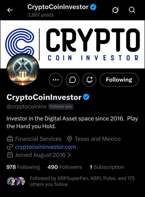 The image is a Twitter/X profile screenshot of CryptoCoinInvestor (@cryptocoininv), a verified account with 3,867 posts, 978 following, 490 followers, and 1 subscription, describing itself as a "Financial Services" investor in "Digital Asset space since 2016" based in Texas and Mexico. The post is a shoutout encouraging followers to follow CryptoCoinInvestor, directly referencing the account shown in the profile screenshot.