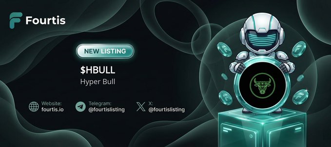 The image is a promotional graphic for Fourtis Express Listing featuring a teal robot mascot holding a coin with a bull logo, advertising the new listing of $HBULL (Hyper Bull) and displaying contact details for Fourtis (Website: fourtis.io, Telegram: @fourtislisting, X: @fourtislisting) alongside pricing information ($0.003038 / MC: $3,038,525).