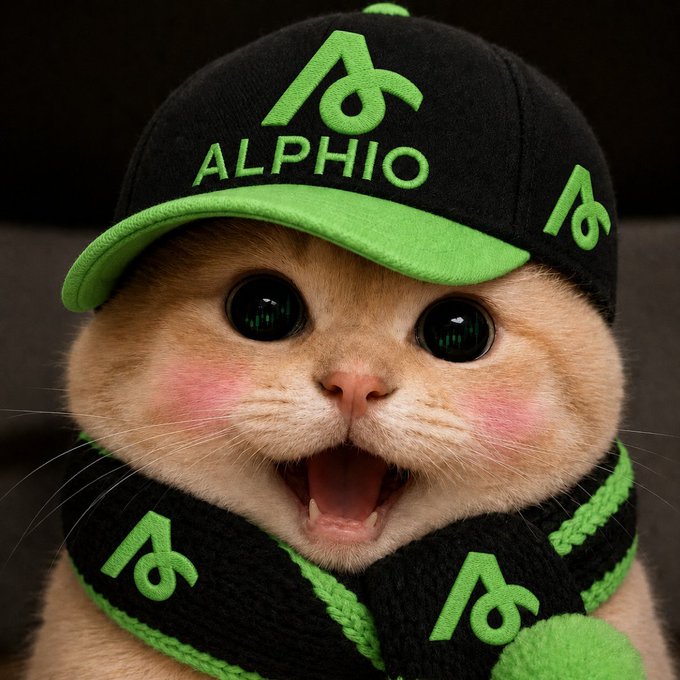 A close-up of a cute cat wearing a green and black cap and scarf, both featuring the 'ALPHIO' logo and symbol.