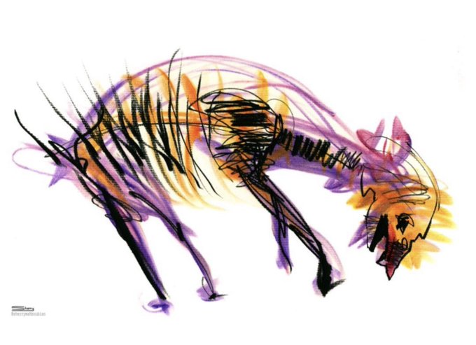 An expressive digital artwork of a four-legged animal sketched with energetic black lines and vibrant purple, orange, and yellow brushstrokes on a white background.