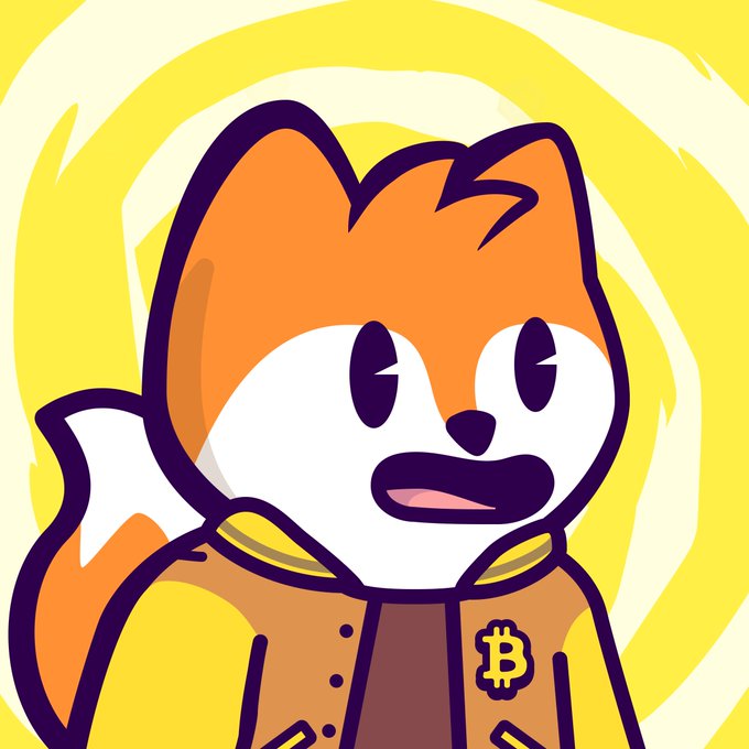 A cartoon illustration depicts an orange and white fox-like character wearing a jacket with a Bitcoin 'B' logo against a yellow background.